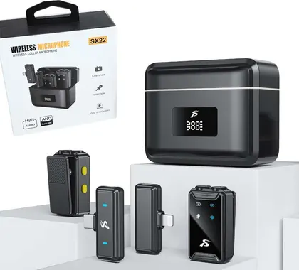 Microfono Corbatero x2 Adaptador C y Lightning Estuche Recargable SX22