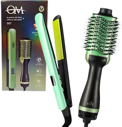 Set Plancha de Pelo y Cepillo Secador Aguacate OM