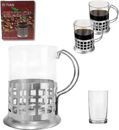 Vaso de Vidrio 200ml con Soporte Metalico para Café YI TIAN AD151-06
