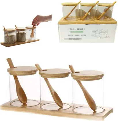 SET DE FRASCOS DE VIDRIO CON TAPA MADERA AD47901