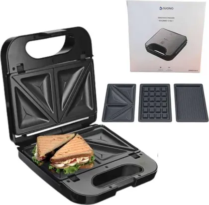 Sandwichera 3 en 1 SUONO Antiadherente Acero Inox Color Negro 850W